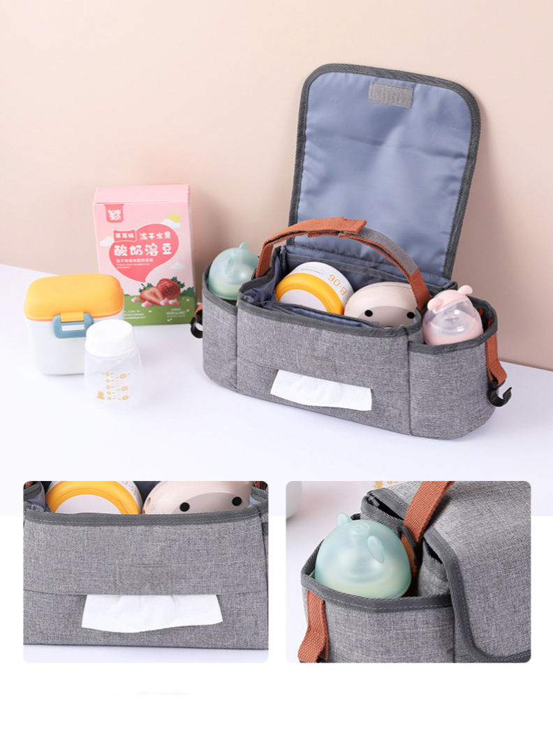 Bolsa organizadora de cochecito de alta resistencia, bolsa de accesorios universal para cochecito con 2 portavasos, bolsas múltiples para biberón y pañal