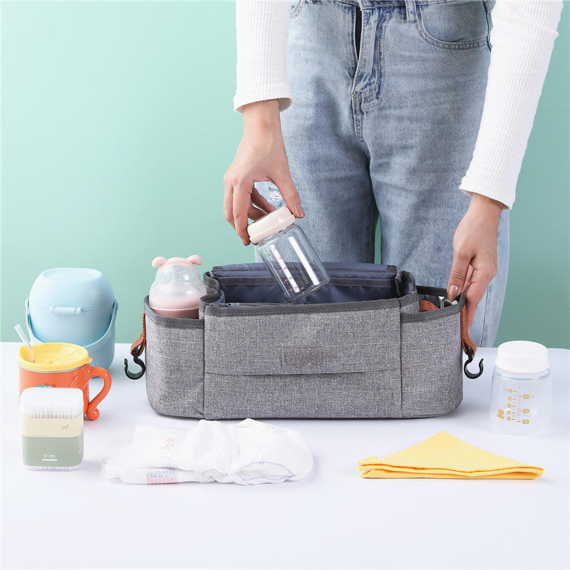Bolsa organizadora de cochecito de alta resistencia, bolsa de accesorios universal para cochecito con 2 portavasos, bolsas múltiples para biberón y pañal