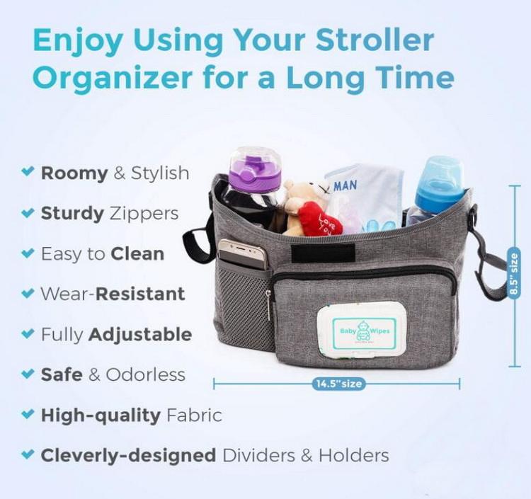 Bolsa de accesorios universal para cochecito, organizador de bebé, bolsa de cochecito para cochecito, bolsa de almacenamiento con bolsillos de fácil acceso