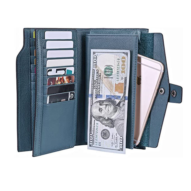 Cartera larga personalizada de cuero pu para mujer, billetera larga con tarjetero rfid de gran capacidad con 20 ranuras para tarjetas