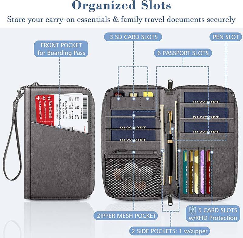Organizador de documentos de viaje con bloqueo de rfid de cuero vegano, bolso de mano, estuche para tarjetas de crédito, billetera con porta pasaporte familiar