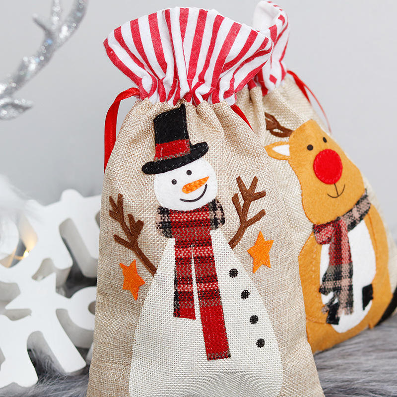 Recién llegado, bolsa de regalos de lino de Feliz Navidad, bolsas de Navidad con cordón con patrones, bolsa de dulces para niños