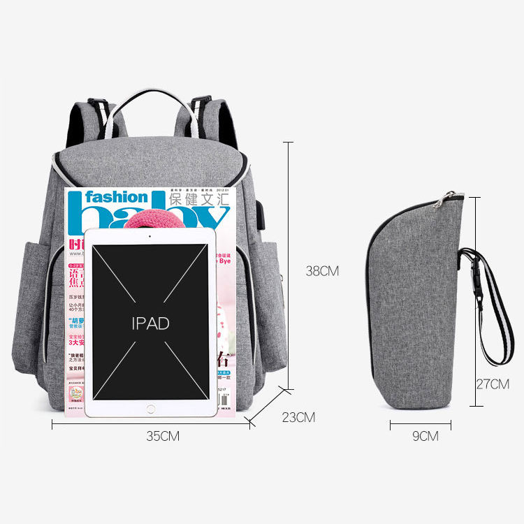 Bolsa de pañales impermeable para el día, bolsa de pañales para bebés con puerto de carga USB, correas para cochecito y bolsa para biberón
