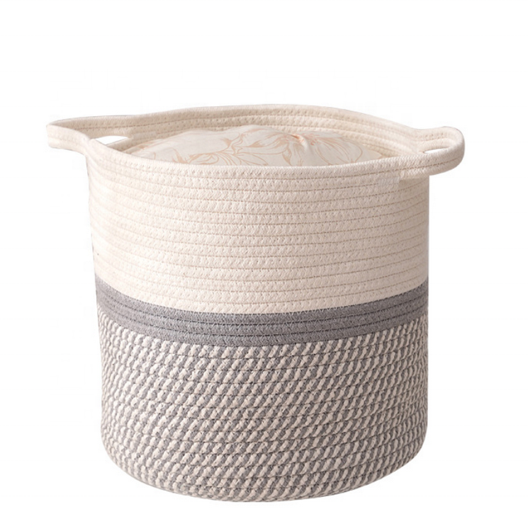 Cesta de almacenamiento de cuerda tejida grande, cesta de cuerda de algodón de almacenamiento redondo para lavandería con asa