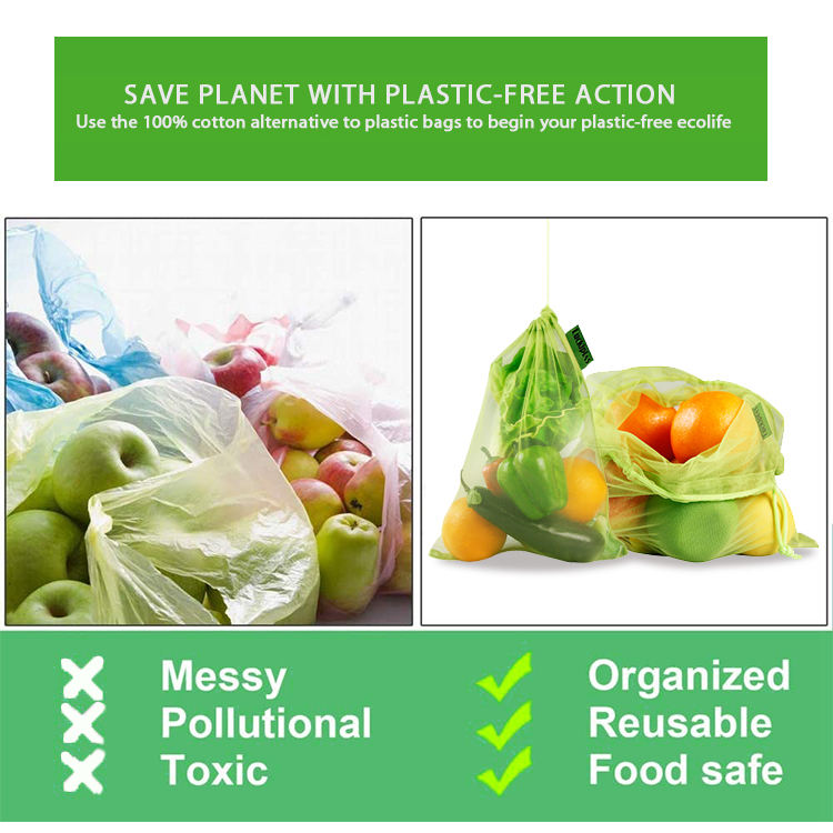 LFGB certificó Eco reciclado RPET Verduras Bolsas de compras Cadena Bolsa de productos de malla reutilizable