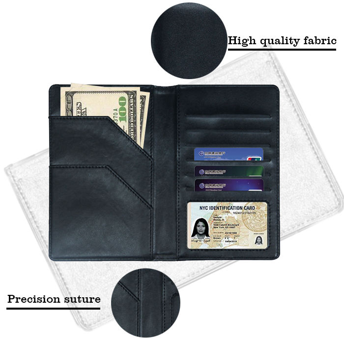 Venta caliente personalizada RFID que bloquea la tarjeta de crédito comercial para hombre Cartera de cuero Funda para pasaporte Titular de la tarjeta de viaje