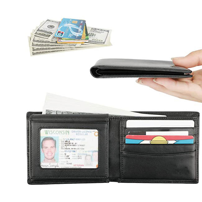 Billetera personalizada con bloqueo RFID para hombre, billetera delgada de bolsillo frontal de cuero suave de alta calidad